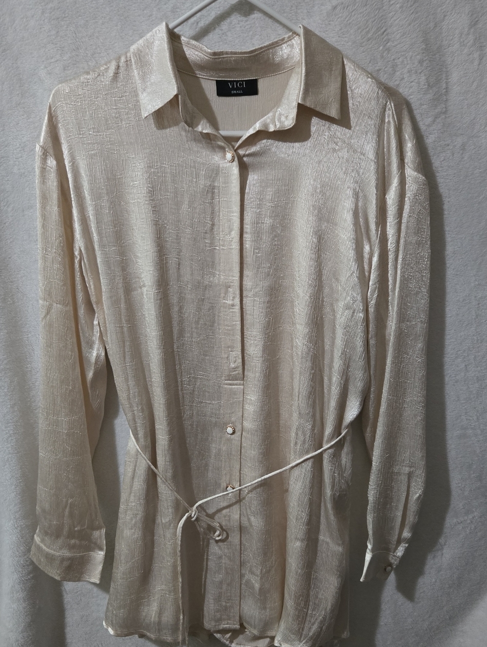 VICI Cream Button-Down Romper with Waist Tie